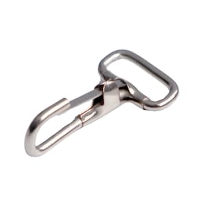 May include: Silver metal swivel hook with a D-ring. The hook is designed to attach to a belt loop or other similar item.