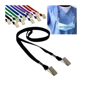 May include: Black lanyard with two silver clips. The lanyard is shown hanging from a person's neck. The text "Mask Not Included" is visible on a blue face mask.