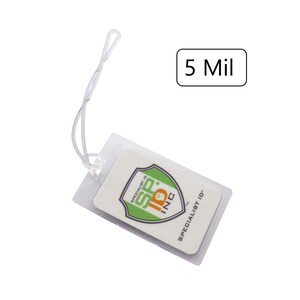 May include: A white plastic badge holder with a clear front and a green and orange logo that says "Specialist ID, Inc." The holder has a white string attached to it. The text "5 Mil" is printed on a white rectangle.