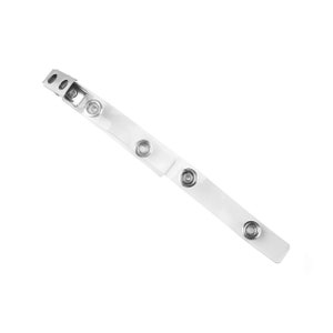 May include: A white plastic badge holder with a silver clip and metal eyelets.