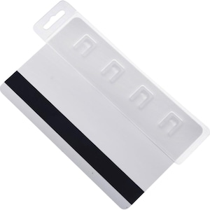 May include: A white plastic card with a black magnetic stripe, partially covered by a clear plastic holder. The holder has a series of small, rectangular cutouts. The card and holder are angled diagonally against a white background.