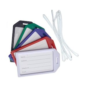 May include: Five colorful plastic ID badge holders with a white holder on top. The white holder has lines for writing name, address, telephone, and email. The holders come with clear lanyards.