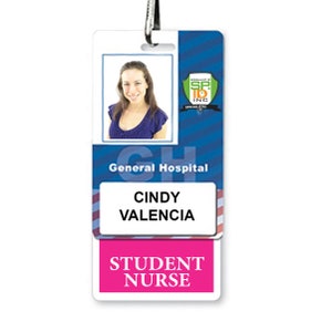May include: A blue and white ID badge with a photo of a woman, the text "General Hospital", "Cindy Valencia", and "Student Nurse". The badge also has a logo for "SP. 10 INC. SPECIALISTIC"