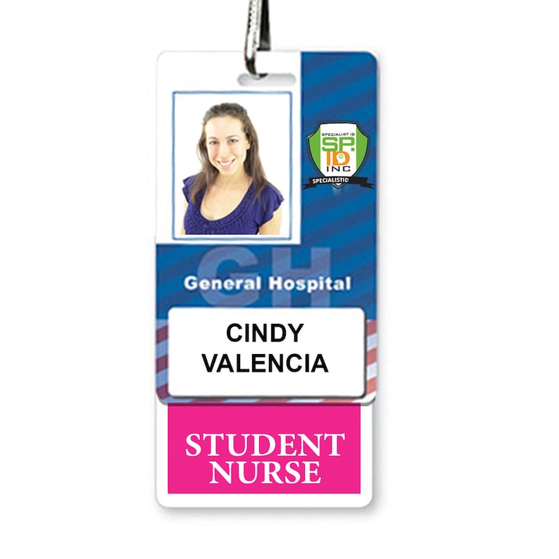 May include: A blue and white ID badge with a photo of a woman, the text "General Hospital", "Cindy Valencia", and "Student Nurse". The badge also has a logo for "SP. 10 INC. SPECIALISTIC"