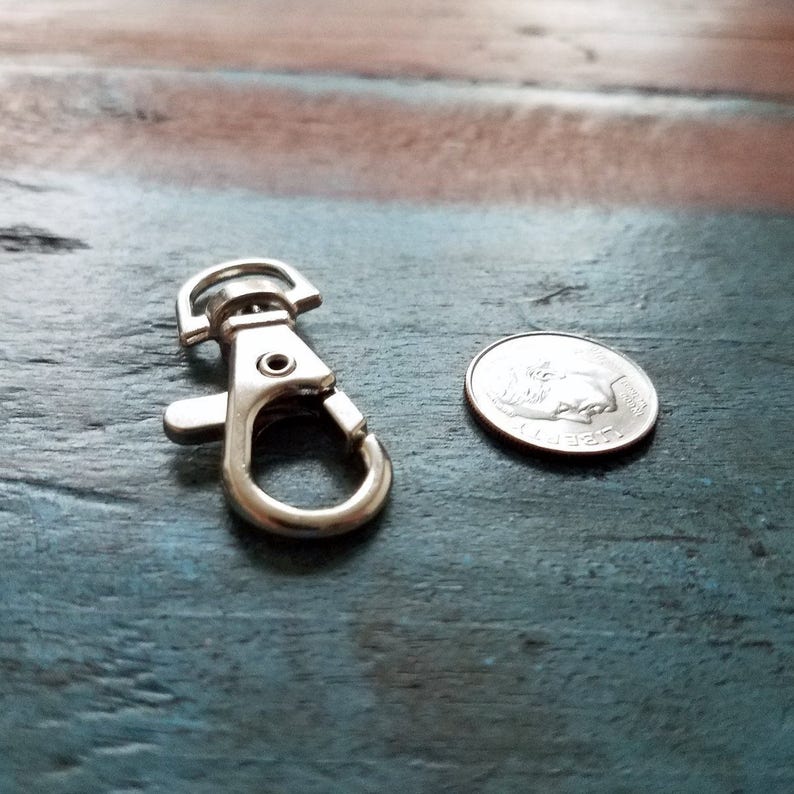 Może przedstawiać: Srebrny metalowy zatrzask z sprężynowym zapięciem. Zatrzask jest mniej więcej wielkości amerykańskiej ćwiartki.