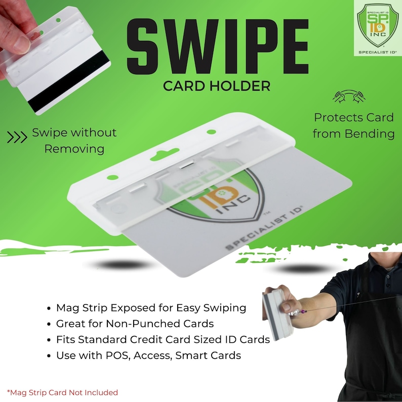Puede incluir: Un tarjetero horizontal de pl&aacute;stico transparente con una ranura superior para sujeci&oacute;n. El dise&ntilde;o cuenta con una parte posterior abierta para exponer la banda magn&eacute;tica y deslizar la tarjeta sin quitarla. Texto: SWIPE CARD HOLDER, Swipe without Removing, Protects Card from Bending.