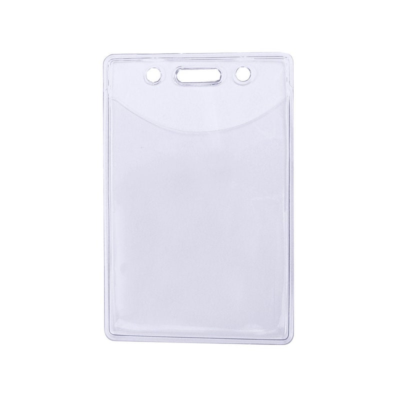 May include: Clear plastic ID badge holder with a top slot for a lanyard or strap. The holder has a pocket for a card or photo.