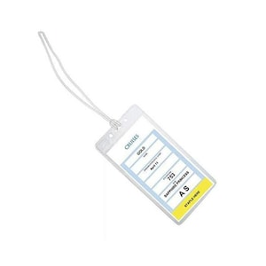 May include: A clear plastic ID badge holder with a lanyard. The badge holder has a blue and white label that says "CRUISES" and has the words "GOLD", "Apr 13", "753", "SAPPHIRE PRINCESS", and "AS". The label also has the words "STAPLE HERE" printed on it.