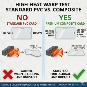 May include: Informative graphic comparing standard PVC cards to premium composite cards under high heat. The "NO" side shows a warped card at 170&deg;F, while the "YES" side shows a flat card resistant up to 220&deg;F. Text includes "WARPED, CURLING, AND UNUSABLE" and "STAYS FLAT, PROFESSIONAL, AND DURABLE."
