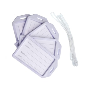May include: A stack of light purple luggage tags with space for name, address, telephone, and email. Clear plastic loops are included for attaching the tags to luggage or bags. The tags are rectangular with rounded corners.