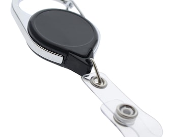 Black Badge Reel with Carabiner Clip - Retractable, No Twist, Chrome Casing Badge Holders - Long Reach Reels for Nurses, Office, Crafters