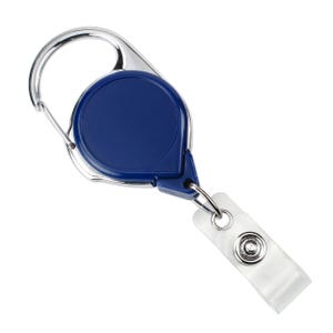 May include: A blue retractable badge holder with a silver clip and a clear plastic strap. The holder has a silver swivel hook.