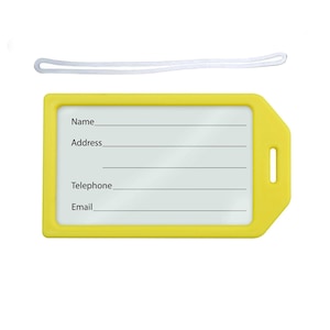 May include: Yellow plastic luggage tag with a white string. The tag has spaces to write name, address, telephone number, and email.