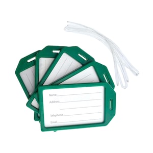 May include: Set of five green plastic ID badge holders with white lanyards. Each holder has a blank space for name, address, telephone, and email.
