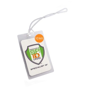 May include: A white plastic badge holder with a green and orange logo that says "Specialist ID SP. ID INC." and "Specialist ID" in a white circle with an orange background that says "10 Mil".