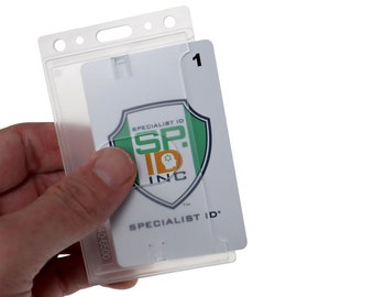 Bulk 50 Pack - Hard Plastic Badge Holder - Vertical Rigid Clear Protector Case for Single ID Card - Side Load with Easy Access Thumb Notch