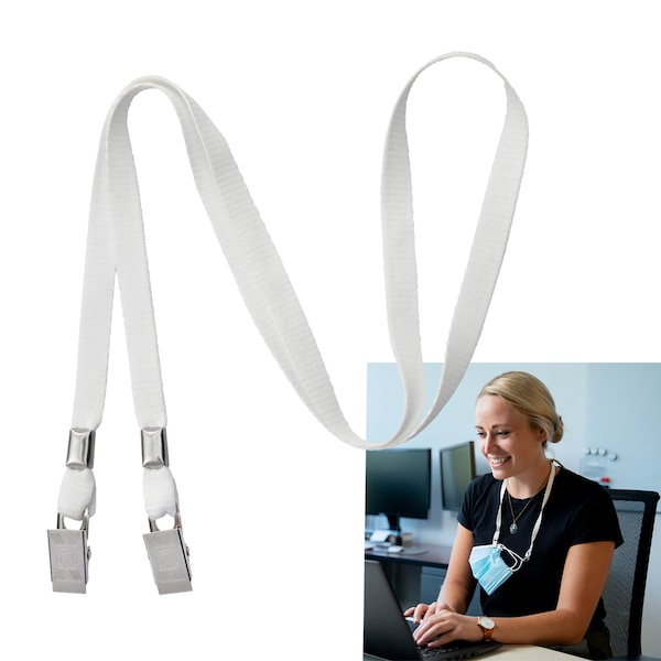 5 Pack Face Mask Lanyards - FREE SHIPPING - Bulk Facemask Holder Straps w/ Bulldog Clip Clasps for Men & Women (5 Pcs Multipack Set) (WHITE)