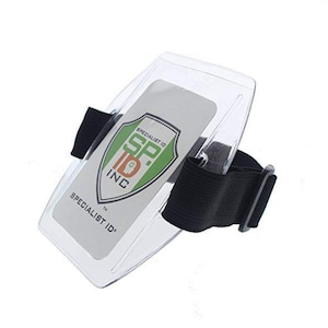 Arm Badge Holder with Adjustable Strap - Fits Large Size Arms - Free Ship! - Clear Vinyl Vertical Armband ID Card Holder (Black)