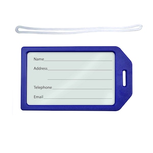 May include: Blue plastic name tag with a white lanyard. The tag has spaces for name, address, telephone number, and email.