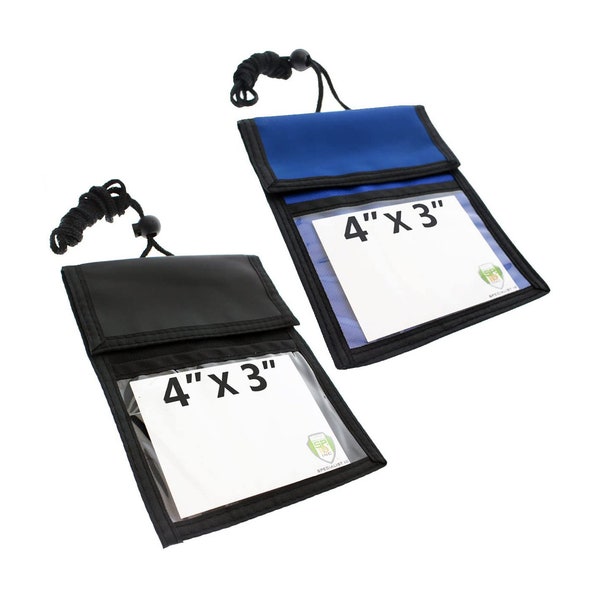 2 Pack - Passport Travel Wallet - Adjustable Lanyard - 4X3 Window Display - 3 Pockets w/ Pen Holders for Badge, Pass, Cash (Black/Royal)