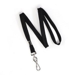 May include: A black lanyard made of woven fabric featuring a silver-toned metal crimp and a swivel hook clasp. The strap is folded into a loop, showcasing the textured material and the metallic hardware used for attaching items like badges or keys.