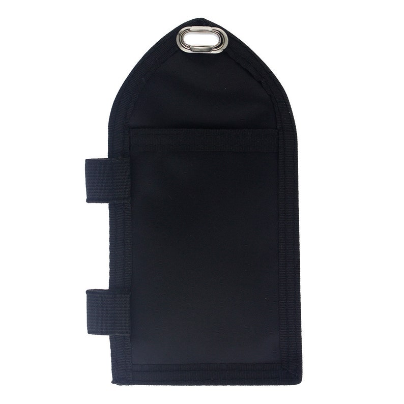 May include: Black scuba diving gear pocket with a metal D-ring at the top and two adjustable straps on the sides.