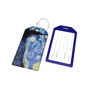May include: A blue luggage tag with a Starry Night painting design and a blank blue tag with fields for name, address, telephone, and email.