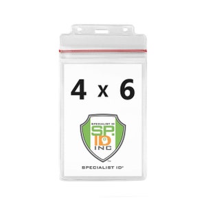May include: Clear plastic badge holder with a red zipper closure. The holder is designed to fit a 4 x 6 inch card. The text "4 x 6" is printed on the front of the holder. The logo for "Specialist ID Inc." is printed on the back of the holder.