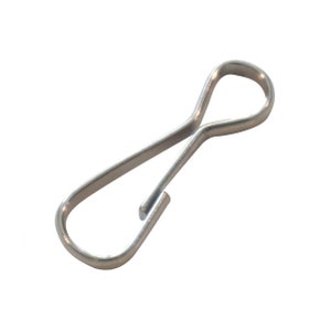 May include: Silver metal swivel hook with a small loop on one end and a larger loop on the other end.