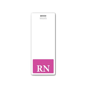 May include: White plastic badge with the text "Printed in the USA SPECIALIST ID" and a pink rectangle with the text "RN" in white.