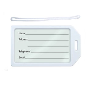 May include: White luggage tag with space for name, address, telephone, and email. Includes a white loop for attaching to luggage. The tag is rectangular with a rounded edge and a slot for the loop.