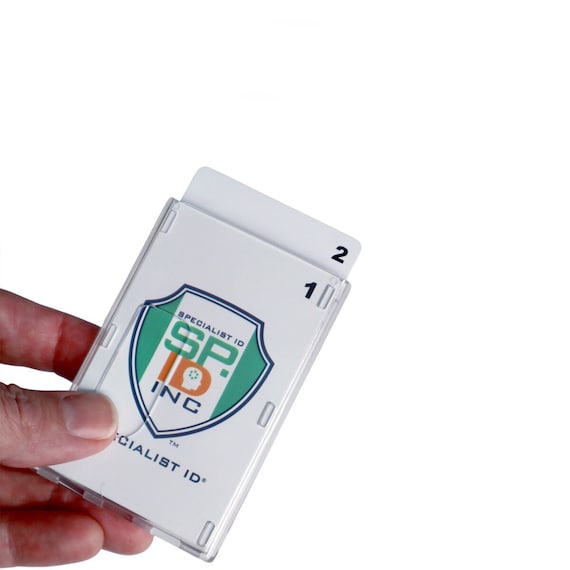 Hard Plastic Vertical ID Badge Holder - Holds 2 Cards, Top Load With Thumb Holes, Frosted Clear