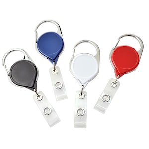 May include: Four retractable badge holders with a swivel clip and a clear plastic strap. The holders are black, white, blue, and red.