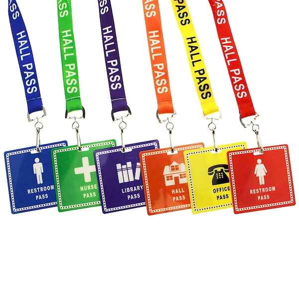 6 Classroom Hall Passes w Breakaway Lanyards - Durable Hall, Bathroom, Library, Office & Nurse Laminated Placards for School Teachers