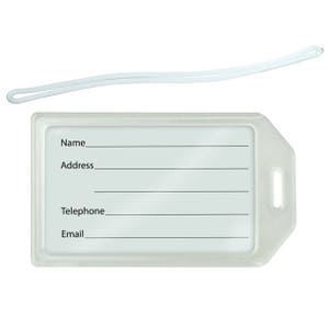 May include: A clear plastic luggage tag with a white string. The tag has spaces to write "Name", "Address", "Telephone", and "Email".