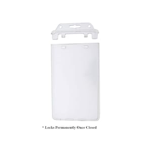 May include: Clear plastic badge holder with a locking top. The holder is designed to securely hold a badge or ID card. The text "Locks Permanently Once Closed" is printed below the holder.