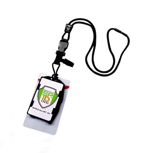 May include: Black lanyard with a black plastic badge holder. The badge holder has a clear plastic window and a black and green logo that says "Specialist ID SP. ID INC."