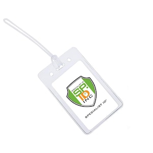 May include: Clear plastic luggage tag with a white background and a green and orange logo that says "Specialist ID SP. INC. Specialist ID". The tag has a clear plastic strap.