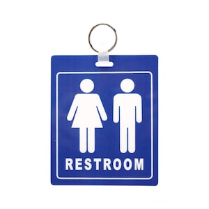 May include: Blue restroom sign with a white male and female symbol and the word "RESTROOM" in white letters.