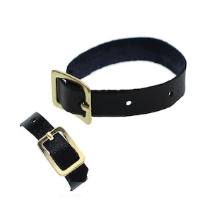 May include: A black leather strap with a brass buckle. The strap has two holes for adjusting the length. The strap is separated from the buckle.