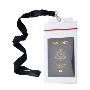May include: A clear plastic passport holder with a black lanyard. The holder has a red zipper and the words "PASSPORT" and "United States of America" are printed on the passport inside.