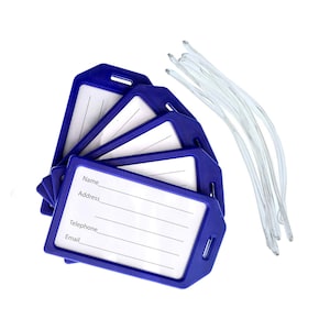 May include: Set of five blue luggage tags with white labels. Each tag has spaces for name, address, telephone, and email. The tags come with clear elastic loops.
