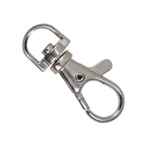 May include: Silver metal swivel clasp with a round loop and a spring-loaded gate. This type of clasp is often used for keychains, lanyards, and other accessories.