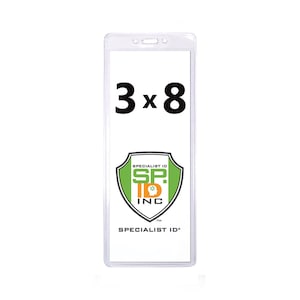 May include: Clear plastic badge holder with a 3x8 inch size. The holder has a white background with the text "SPECIALIST ID" and a logo of a green shield with the text "SP. ID INC" in white and orange.