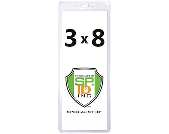 Puede incluir: Porta credencial de plástico transparente con un tamaño de 3x8 pulgadas. El porta credencial tiene un fondo blanco con el texto "SPECIALIST ID" y un logotipo de un escudo verde con el texto "SP. ID INC" en blanco y naranja.