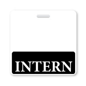 May include: White plastic badge with a black bar at the bottom. The bar has the word "INTERN" printed in white.