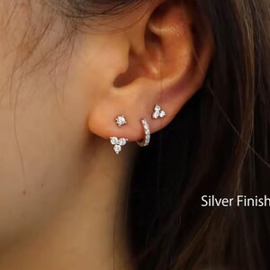 Peut inclure: Gros plan d'une oreille ornée de plusieurs boucles d'oreilles argentées. Les boucles d'oreilles comprennent de petits clous avec des pierres claires simples et multiples, et un petit anneau avec des pierres claires. Le texte "Silver Finish" est visible.