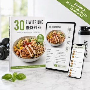 Puede incluir: Un libro de cocina titulado 30 Eiwitrijke Recepten con un tazón de pollo y quinoa, junto a una tableta y un teléfono inteligente que muestran recetas y un planificador de comidas, con un agitador y pesas cerca.