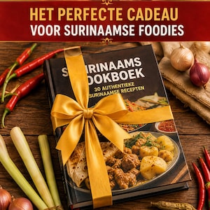 May include: A hardback cookbook titled Surinaams Kookboek with 30 authentieke Surinaamse recepten, wrapped in a gold satin ribbon. The cover features a photograph of a meal with potatoes and meat, surrounded by red chilli peppers and lemongrass.