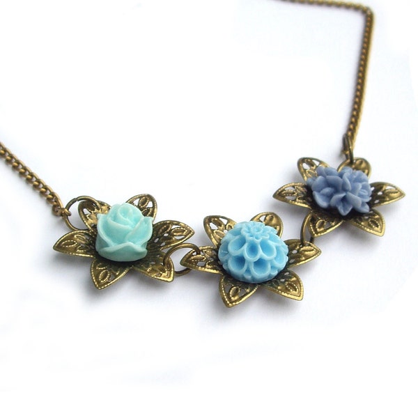 Flower necklace turquoise blue filigree flower rose resin flower jewelry Valentine gift necklace